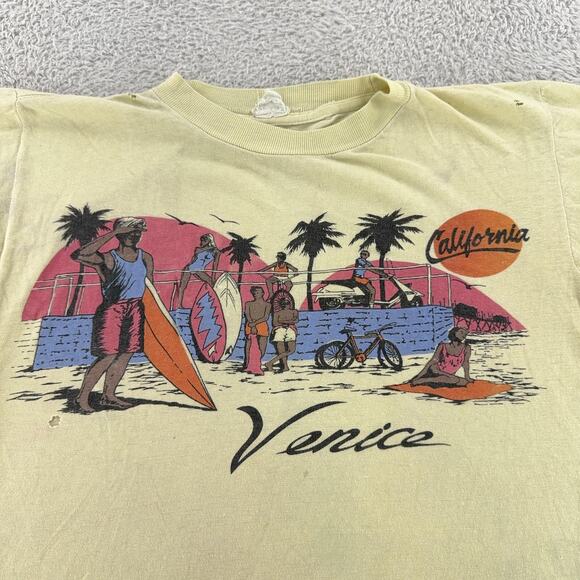 Vintage Venice California Shirt Mens S Yellow Sunset Surf Beach 80s Tee Thrashed - Picture 1 of 14